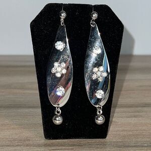 Floral Rhinestones Dangling Silver Tone Earrings With Stud Back NWOT